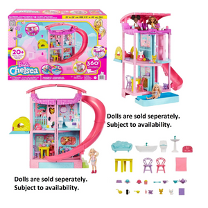 Barbie Dollhouse Chelsea Playhouse with Transforming Areas 20+ Pieces Pool Play
