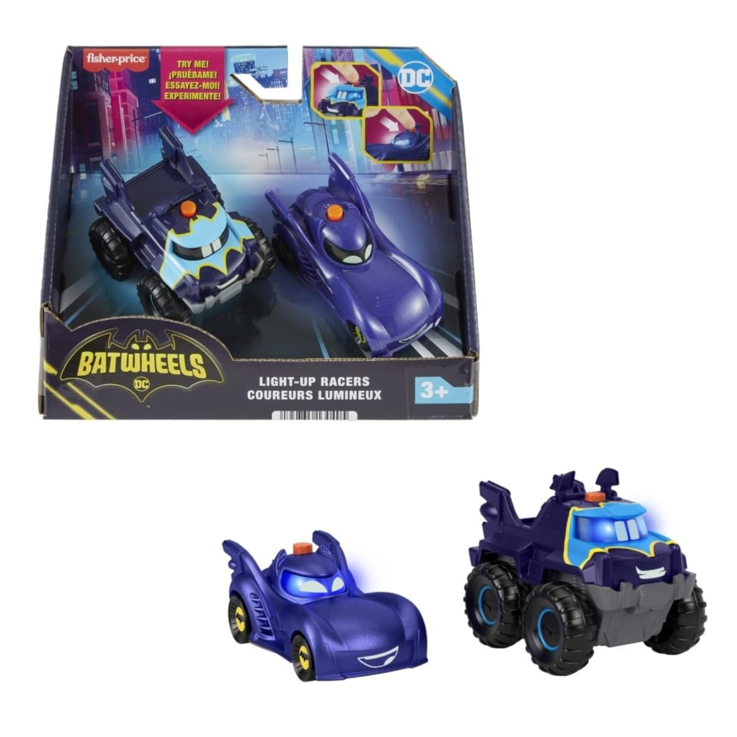 Fisher-Price DC Batwheels Light-Up Toy Cars 2-Pack 1:55 Scale Vehicles Kids 3+