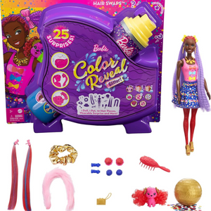 Barbie Color Reveal Glitter Hair Swaps Doll Playset with 25 Surprises for Kids