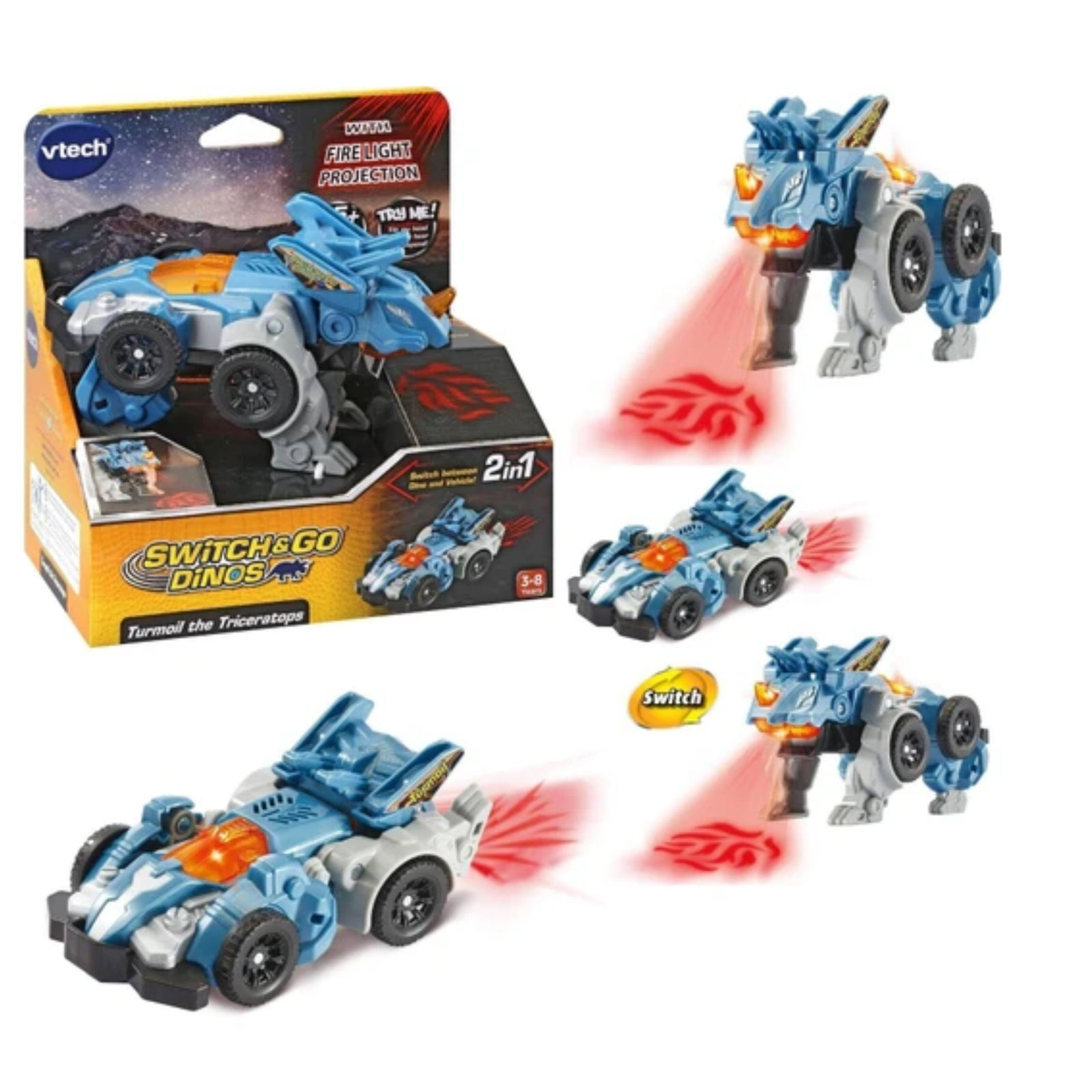 Vtech Switch & Go Dinos- Turmoil the Triceratops -Rex Toy dino Car transformer