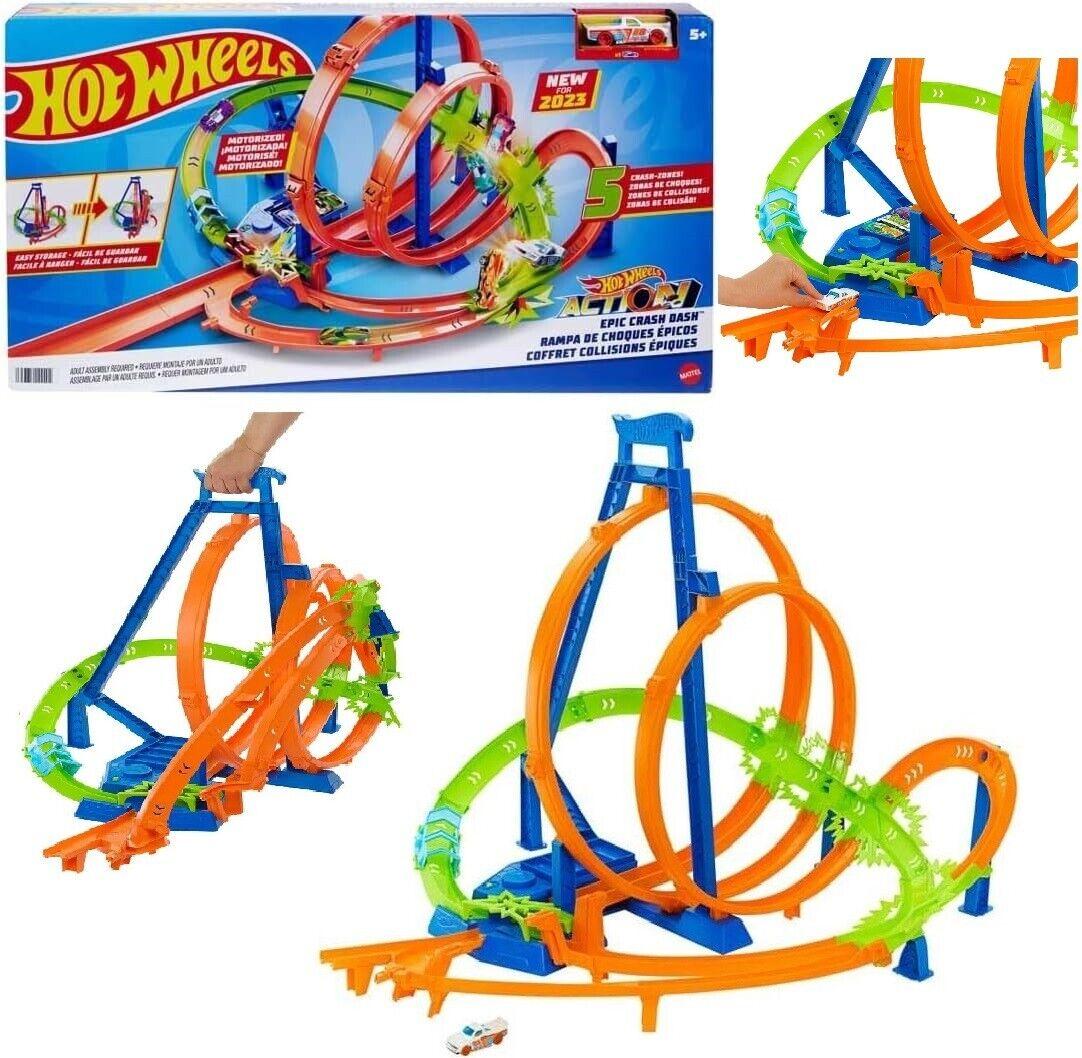 Hot Wheels Track Set Epic Crash Dash with 5 Crash Zones Motorized Booster Play