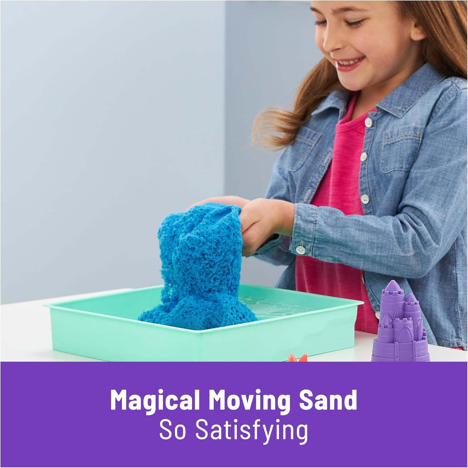 Kinetic Sand Blue Sandbox Set with 1lb Play Sand, 4 Molds Storage Tray for Kids