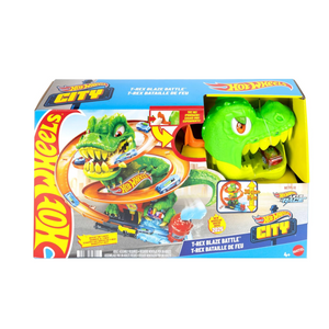 Hot Wheels City T-Rex Blaze Battle Car Track Set Dinosaur Spin Eyes 4 Plus