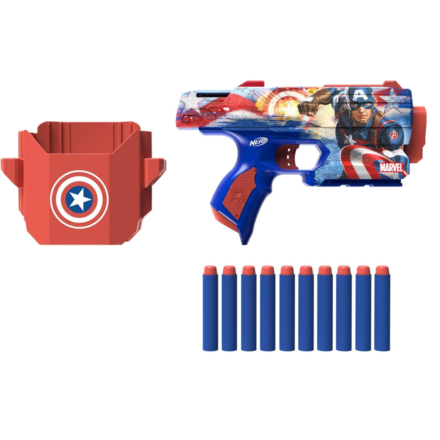 Nerf Marvel Captain America Dart Blaster 10 Elite Darts Holster Foam Toy Ages 8+