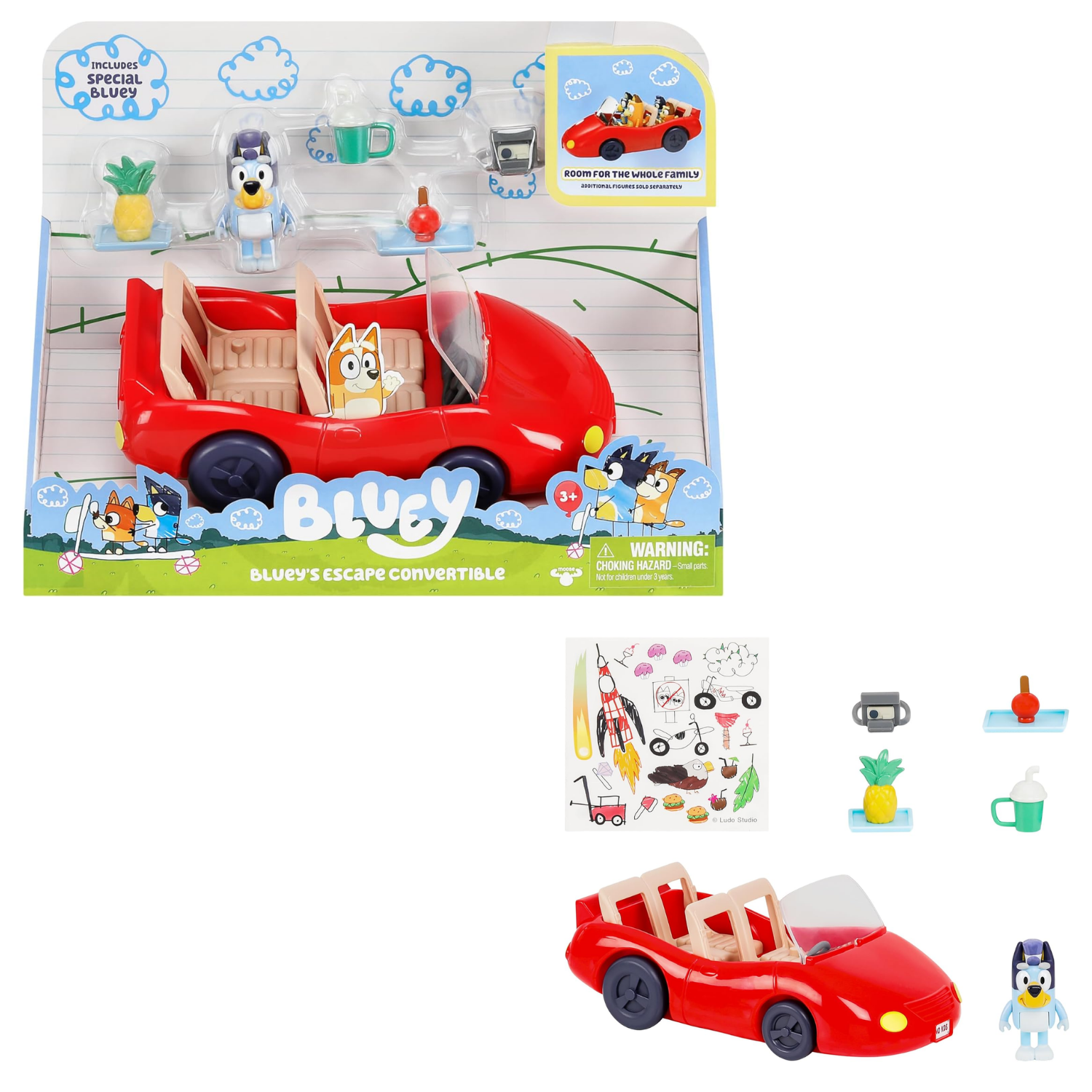 Bluey Escape Convertible Car Set with Figure 4 Accessories and Stickers