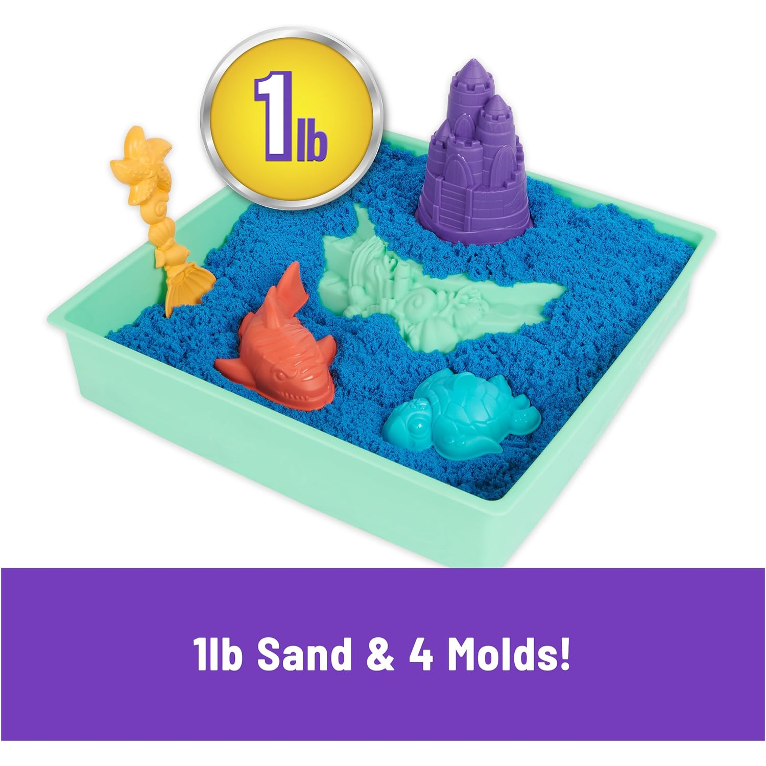 Kinetic Sand Blue Sandbox Set with 1lb Play Sand, 4 Molds Storage Tray for Kids