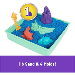Kinetic Sand Blue Sandbox Set with 1lb Play Sand, 4 Molds Storage Tray for Kids