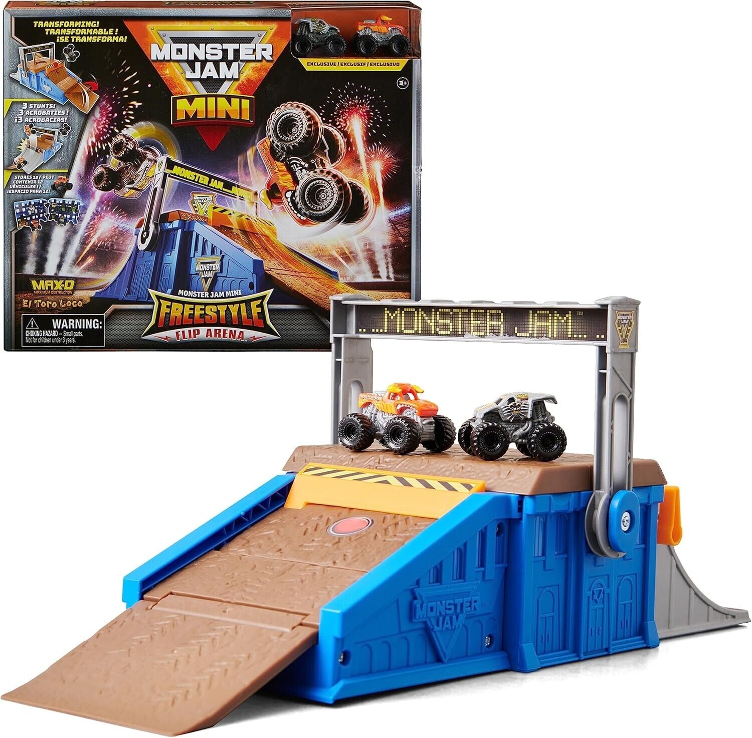 Monster Jam Mini Freestyle Flip Arena Playset and Storage with 2 Mini Trucks