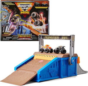 Monster Jam Mini Freestyle Flip Arena Playset and Storage with 2 Mini Trucks