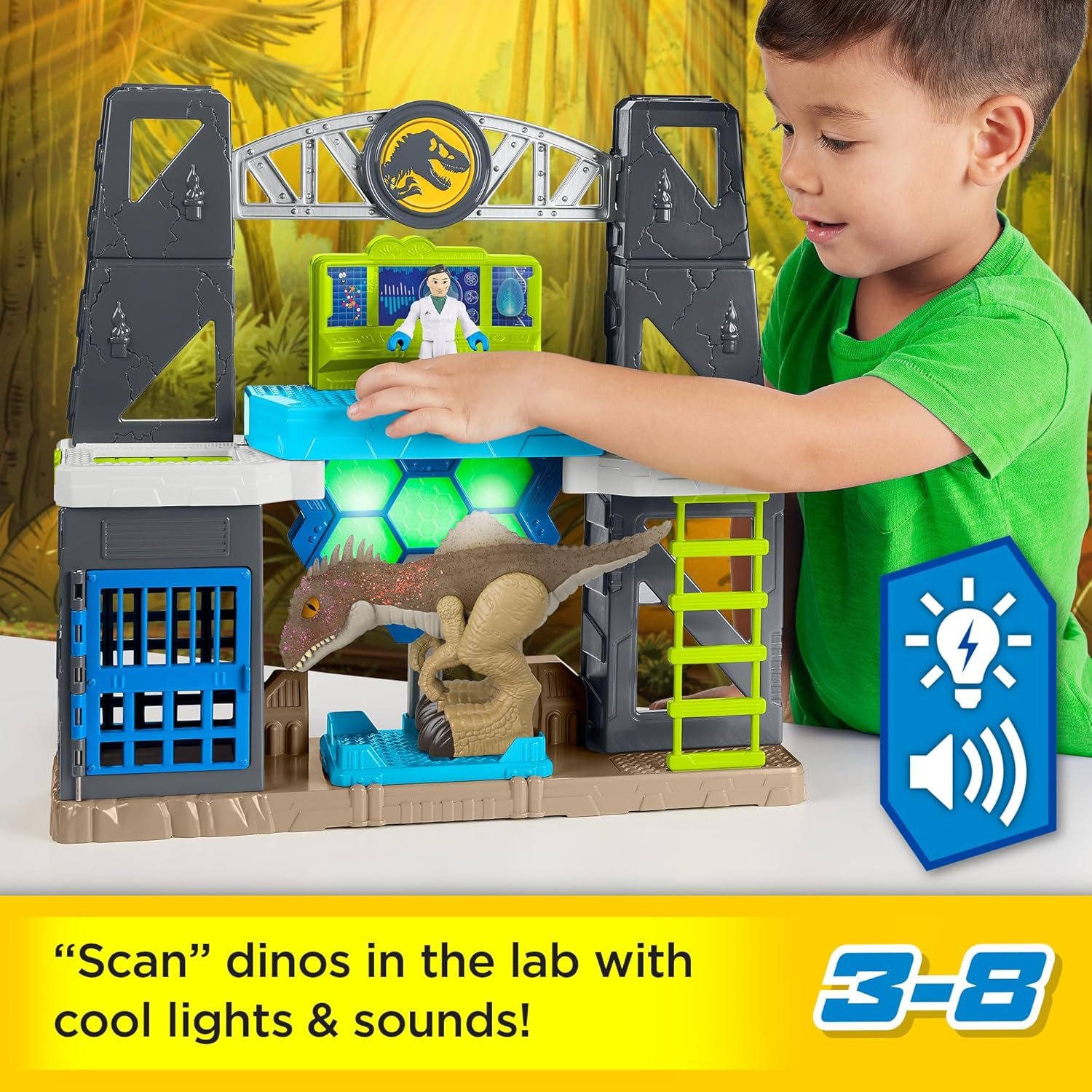 Imaginext Jurassic World Scan Glow Dino Lab Playset with Light Sounds Figures 3+