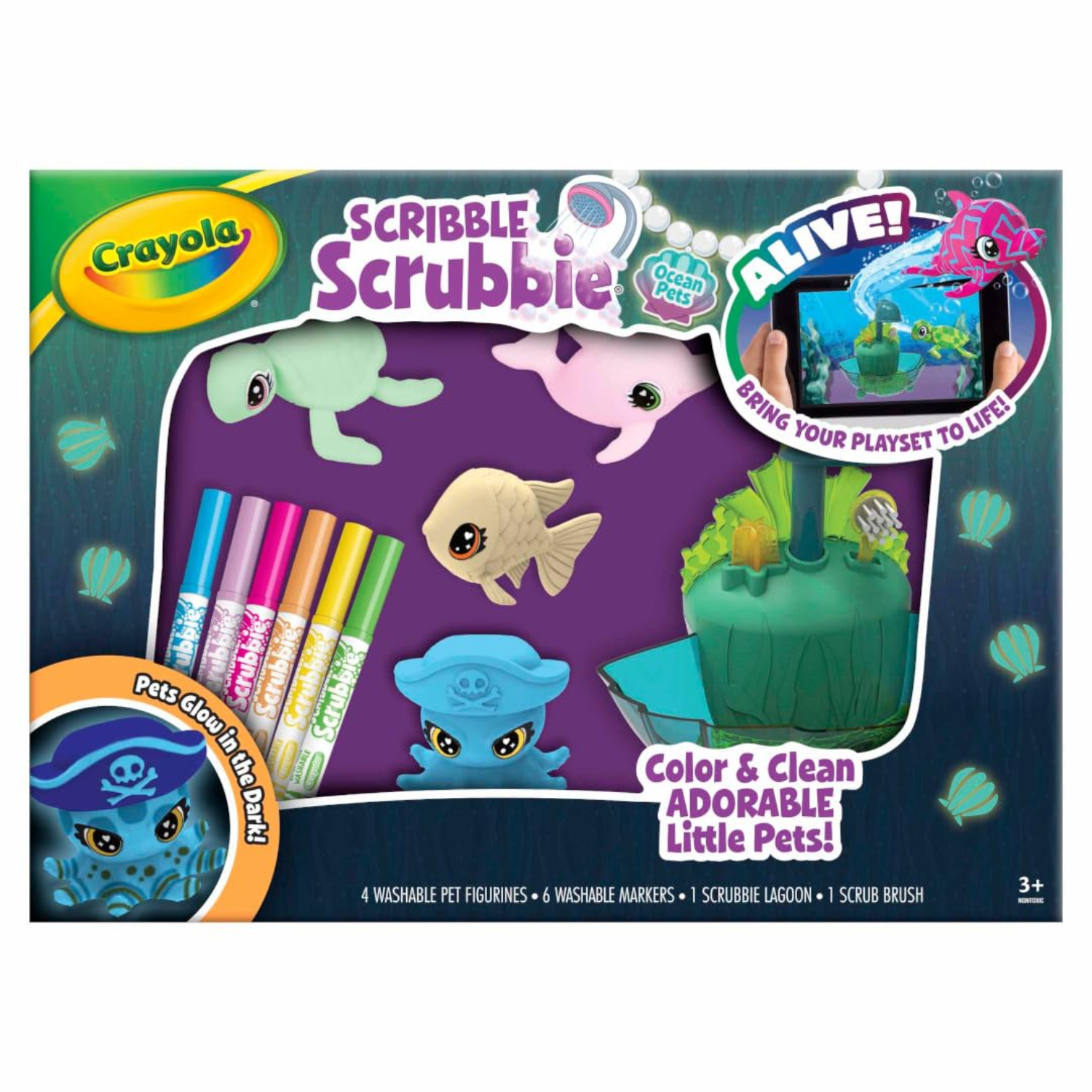 Crayola Scrubbie Glow Lagoon Ocean Pets Playset Washable Markers Ages 3+