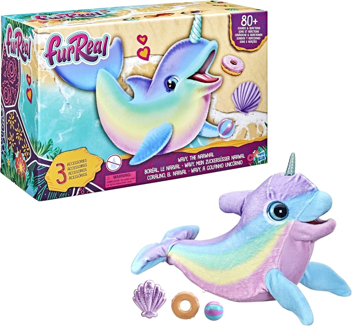 FurReal Friends Wavy Narwhal Rainbow 80+ Sounds and Reactions Ages 4+ New Toy