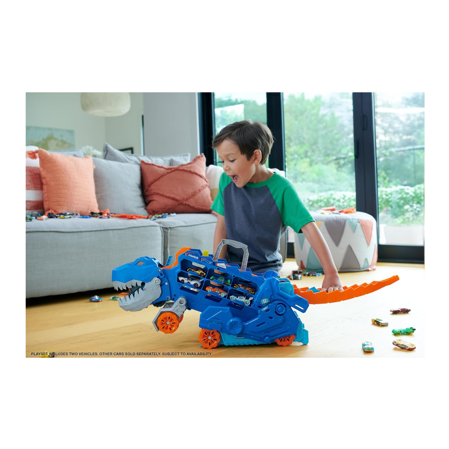 Hot Wheels City Ultimate T-Rex Transporter Car Track Set Hauler Stomping Dino 4+