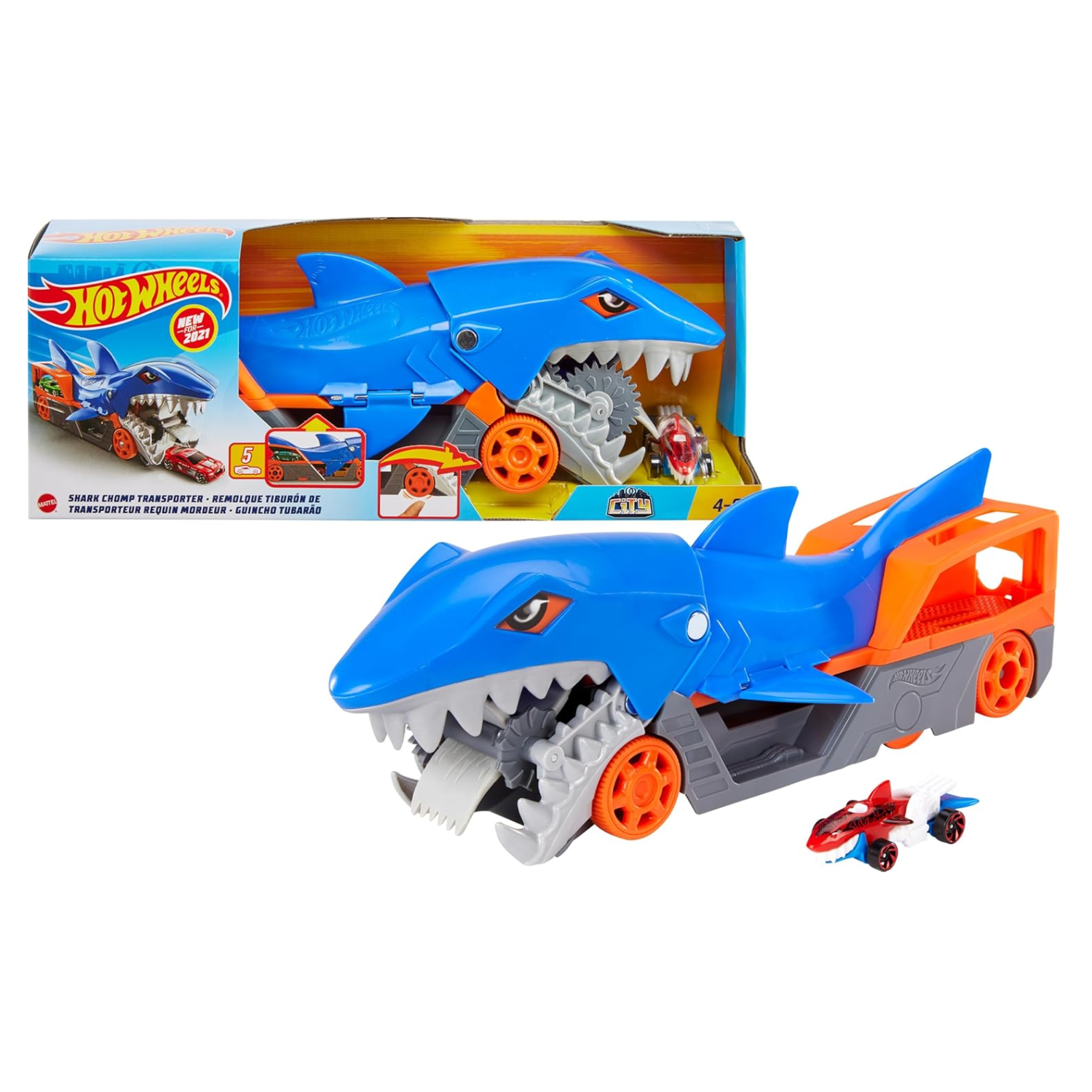 Hot Wheels Shark Chomp Transporter Car Storage Hauler with 1 Vehicle 4+
