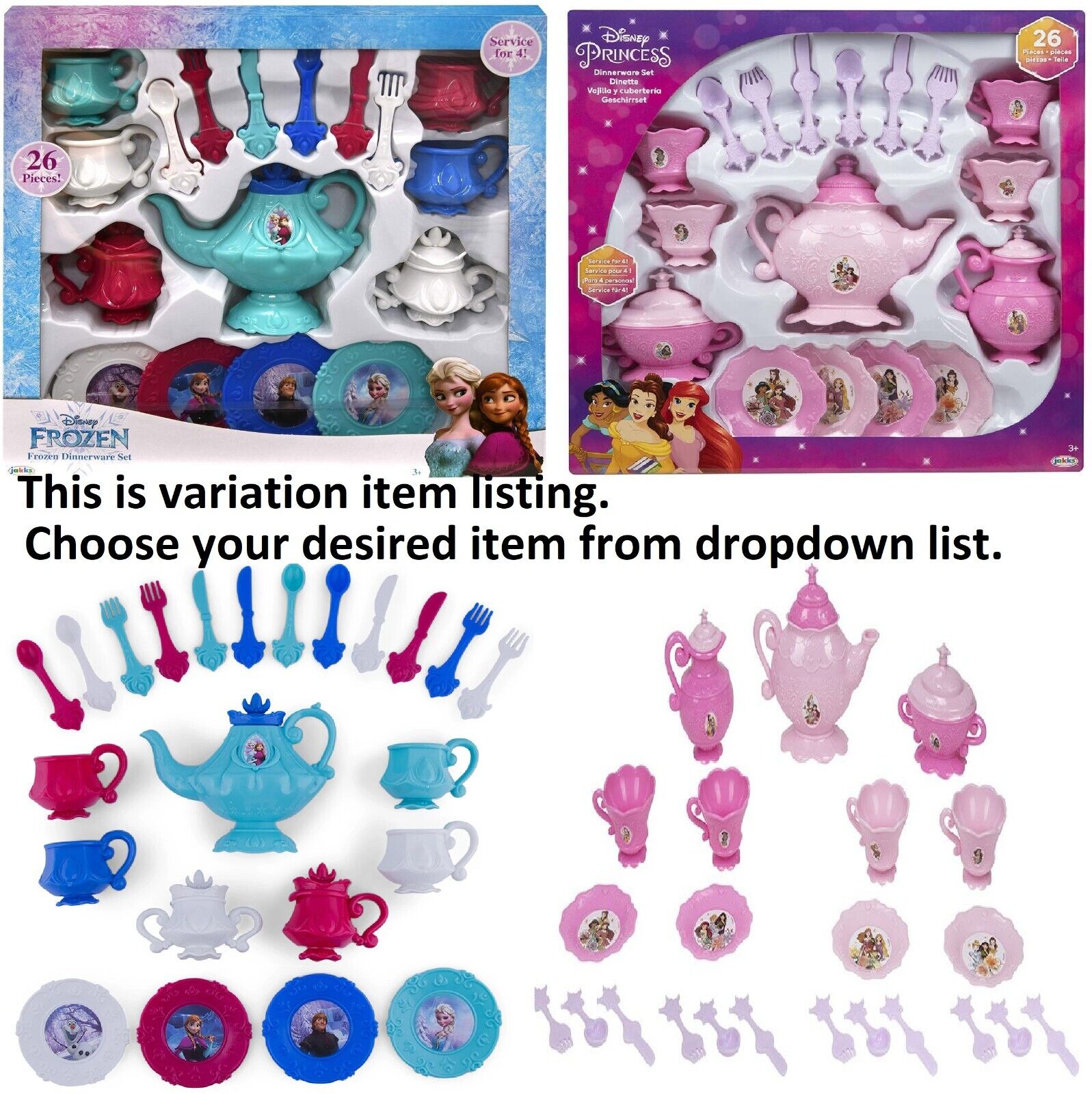 Disney Princess Frozen 26 Pieces Hot Cocoa Dinnerware Set Tea Cups Spoon Fork
