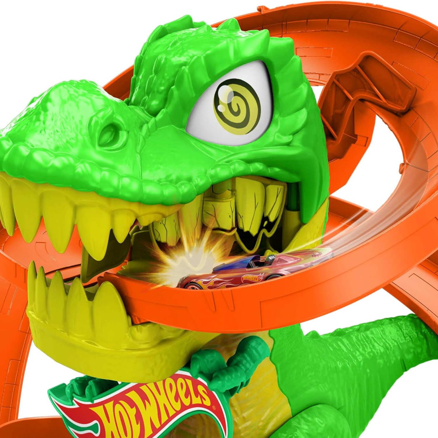 Hot Wheels City T-Rex Blaze Battle Car Track Set Dinosaur Spin Eyes 4 Plus