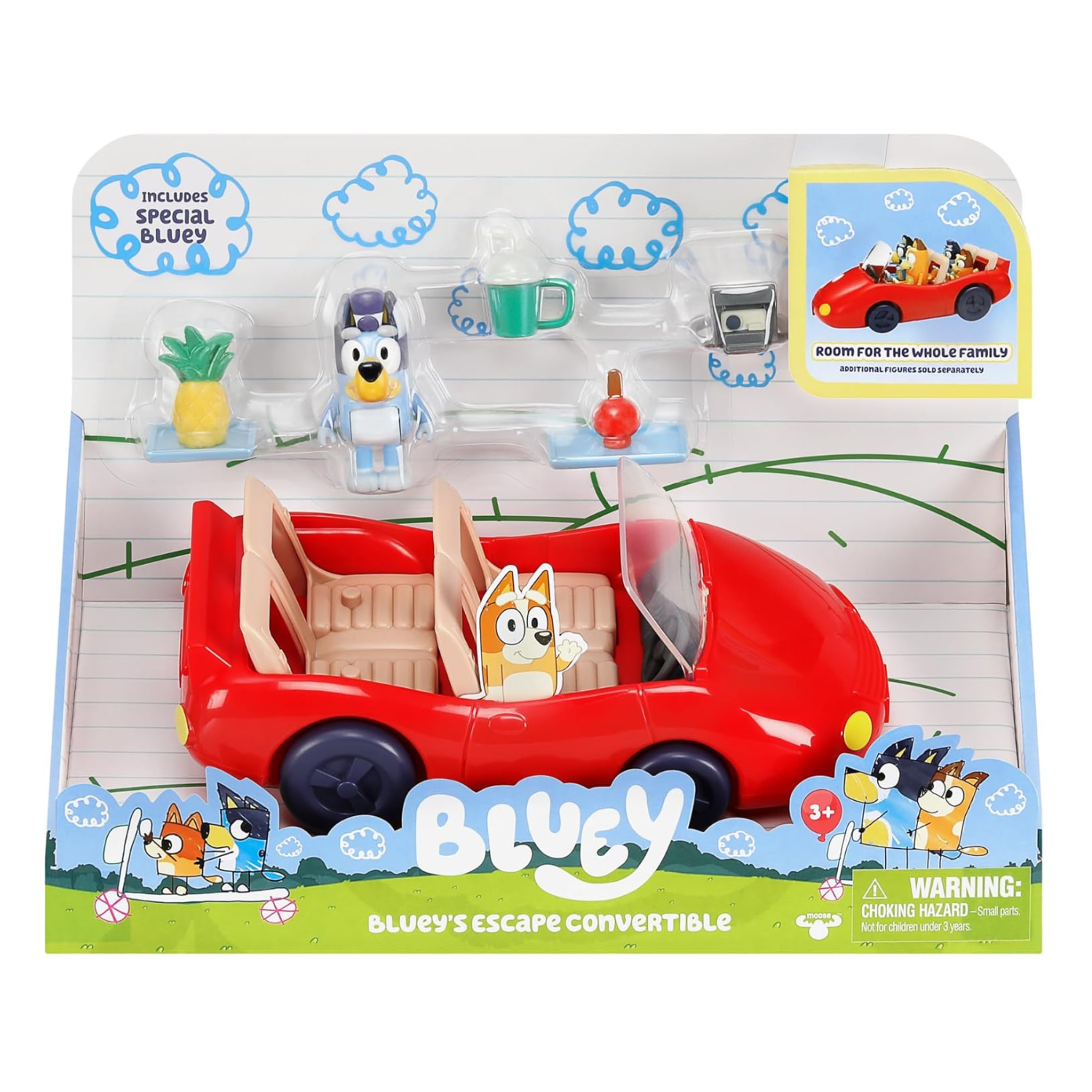 Bluey Escape Convertible Car Set with Figure 4 Accessories and Stickers
