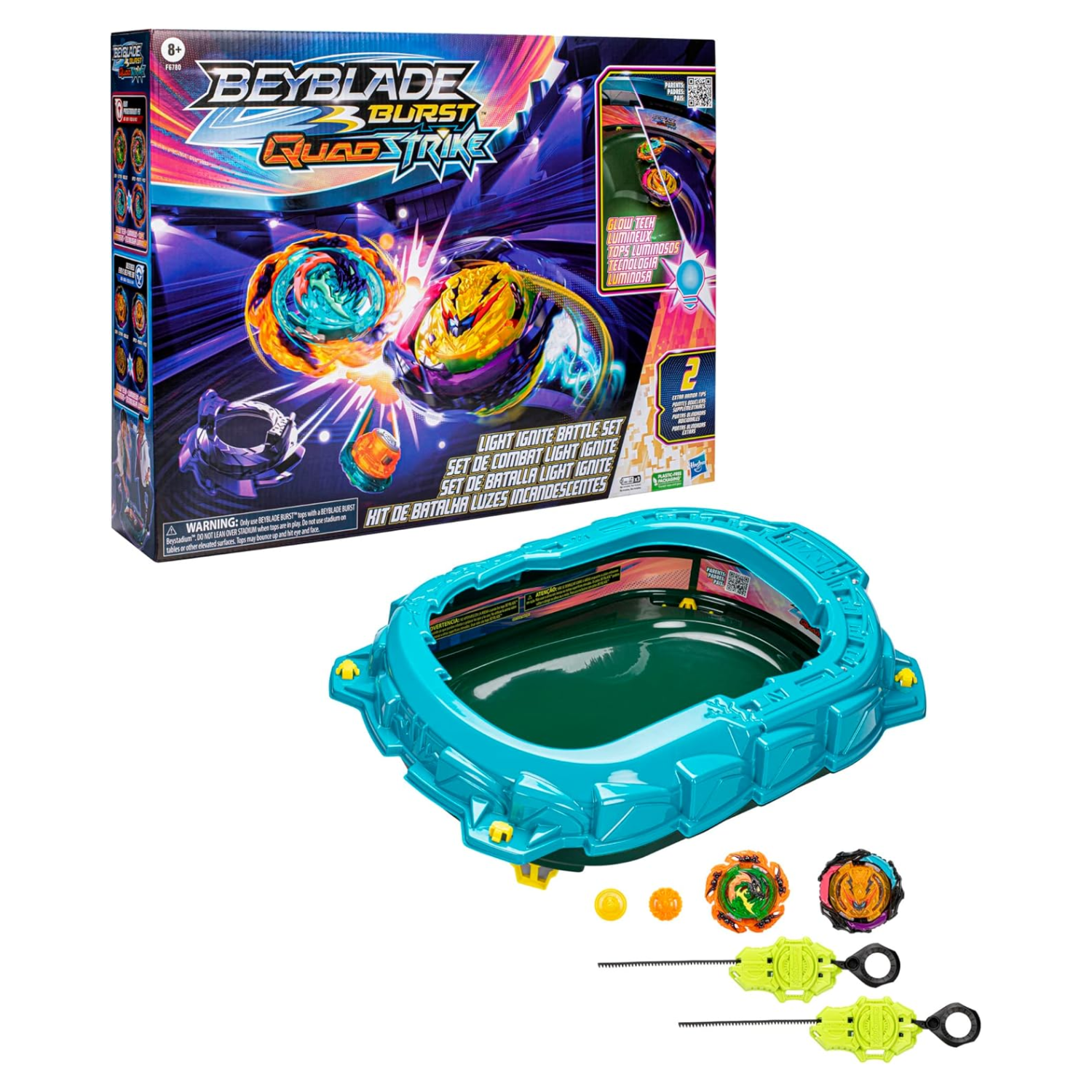 Beyblade Burst QuadStrike Light Ignite Battle Set Stadium with Tops Launchers 8+
