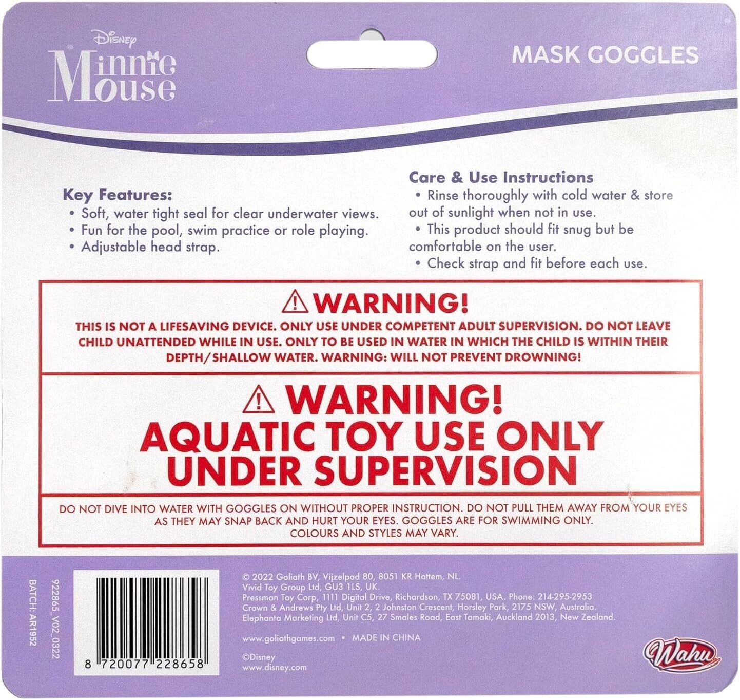 Wahu Minnie Mouse Mask Goggles Adjustable Swim Goggles for Kids