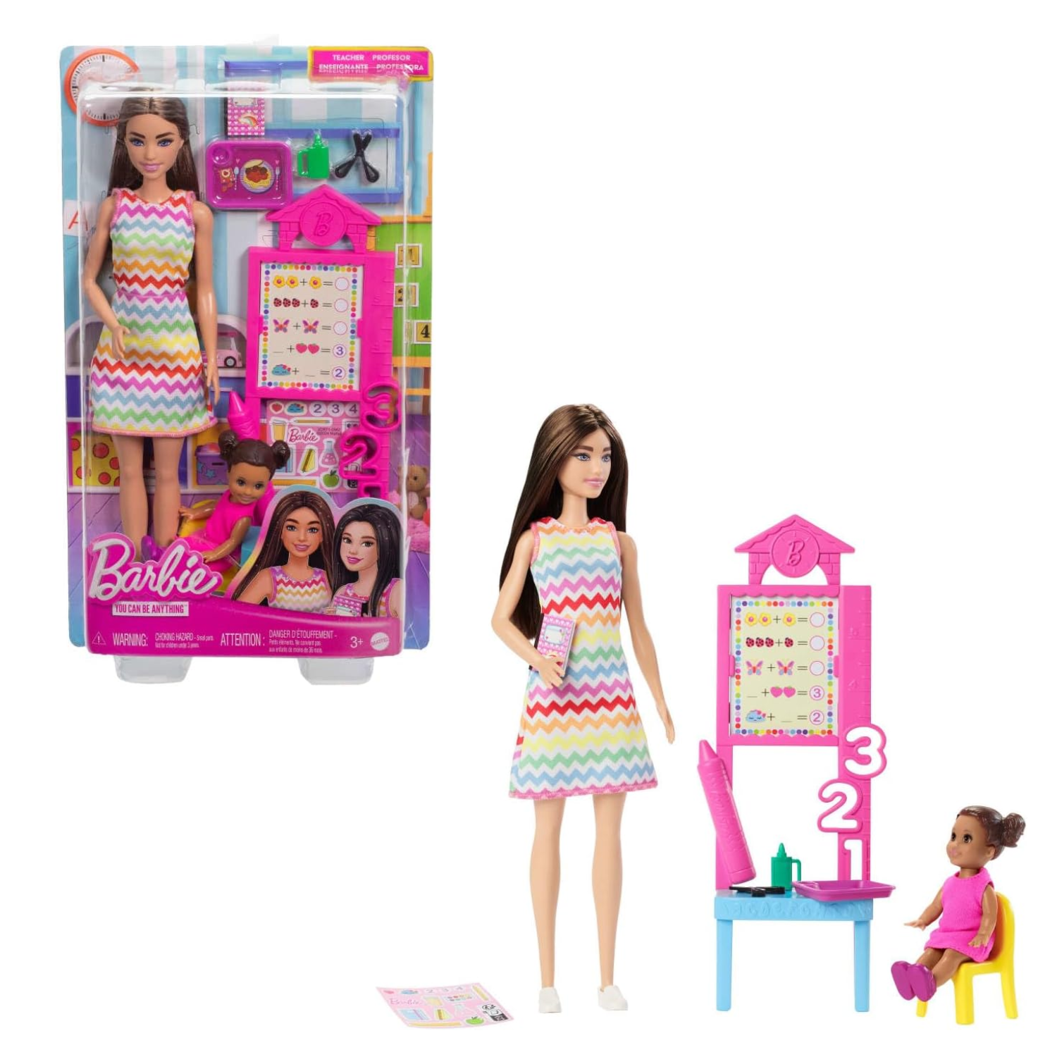Barbie Teacher Doll Playset with Toddler Student & Classroom Accessories Kids 3+