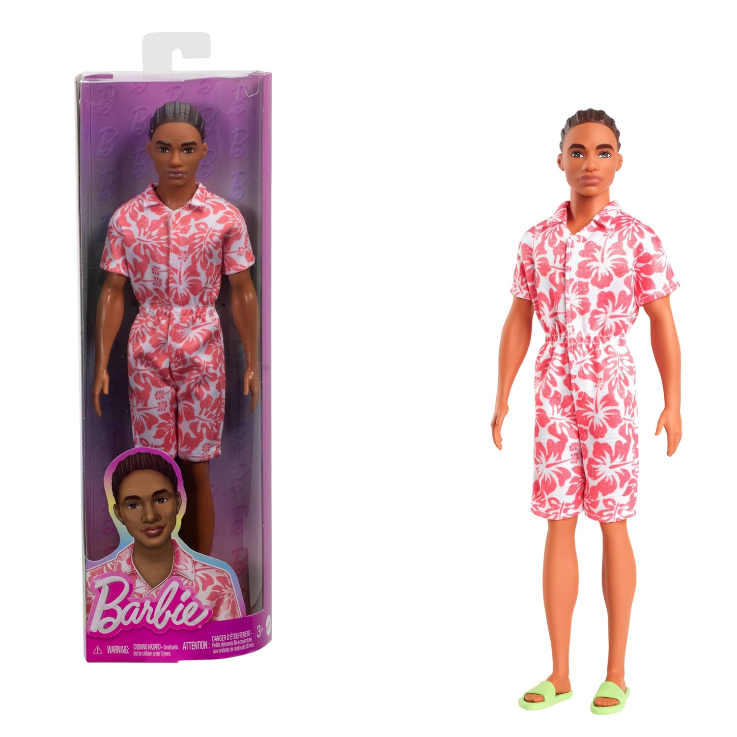 Fashionistas Ken Doll #235 Braided Hair Coral Jumpsuit Green Sandals Toy Ages 3+