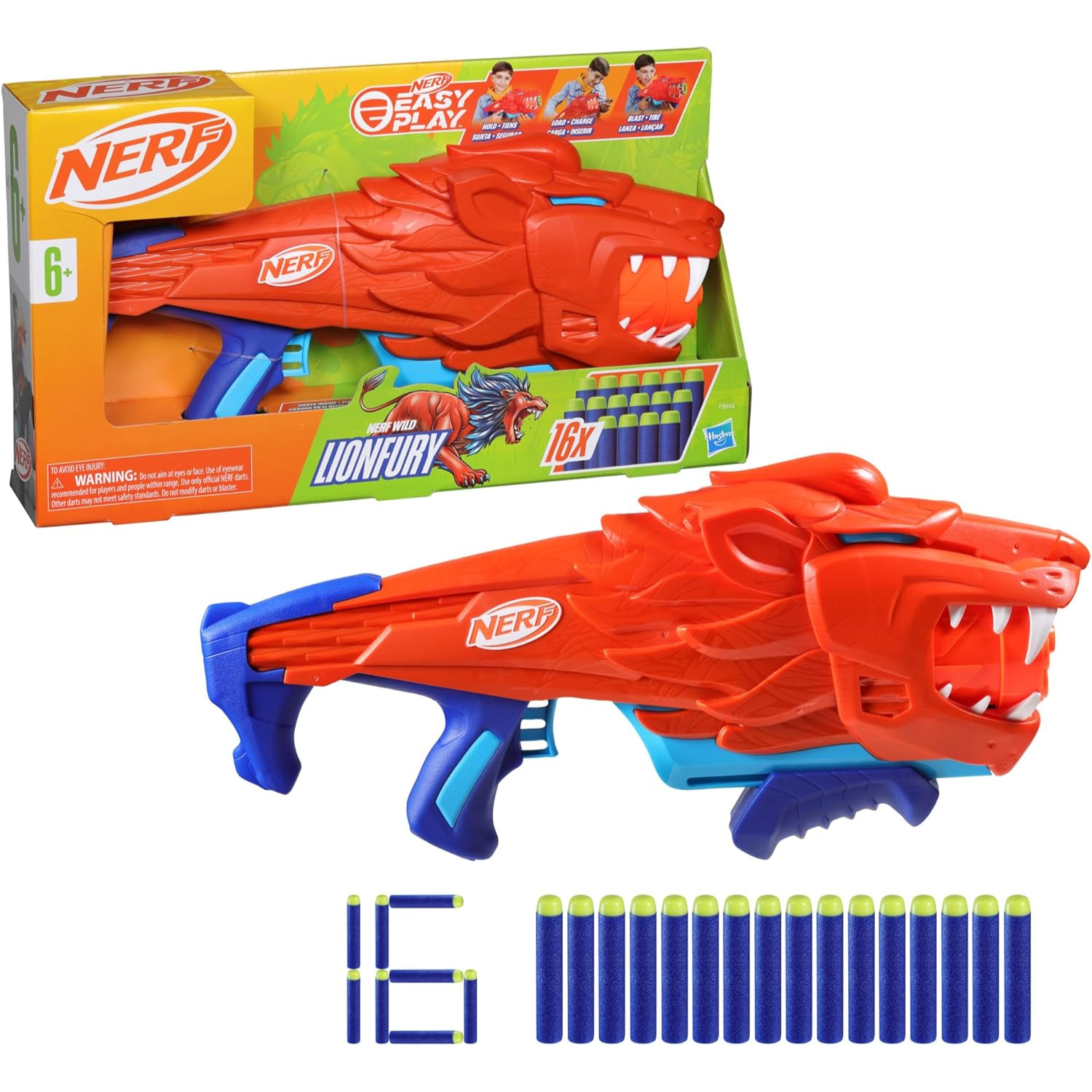 NERF Wild Lionfury Easy Play Dart Blaster Toy Gun Lightweight Kids 6+ Outdoor