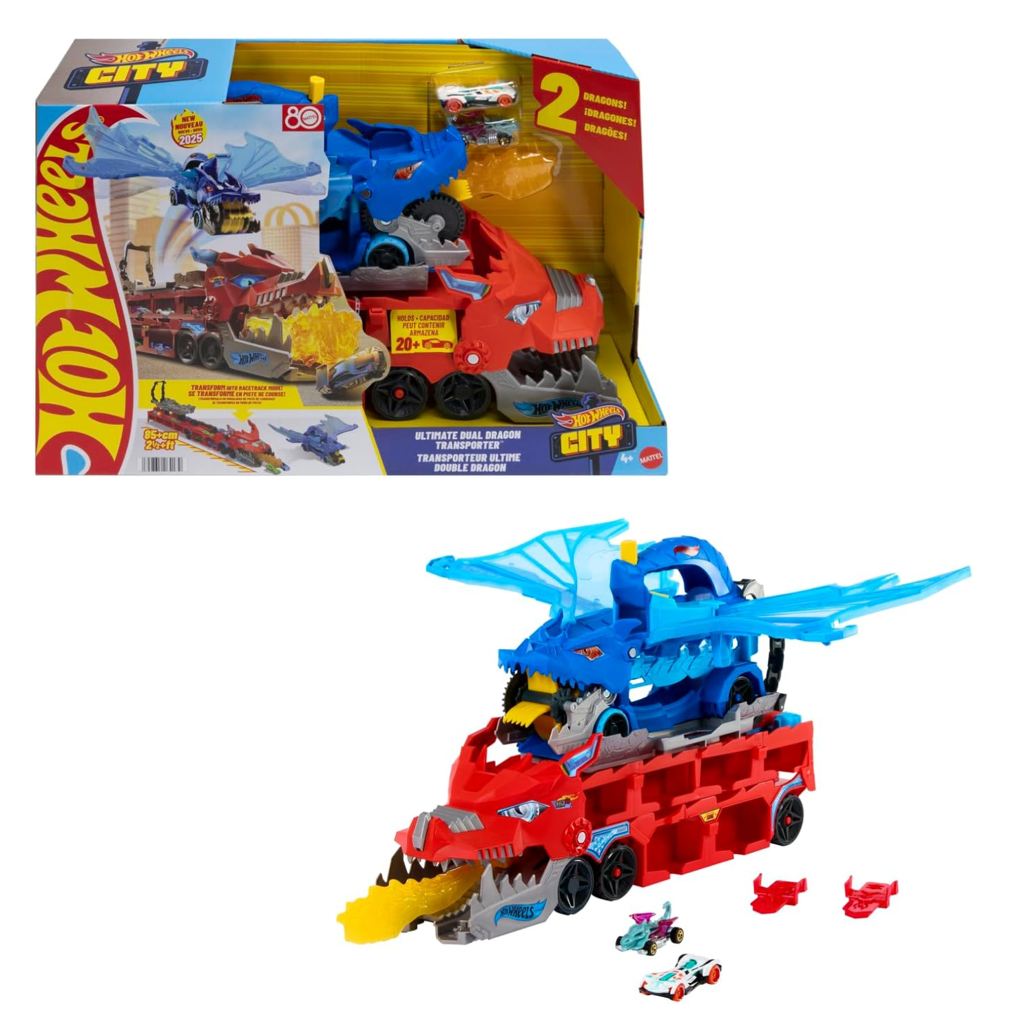 Hot Wheels City Toy Car Track Set, Ultimate Dual Dragon Transporter & 2 Die-Cast