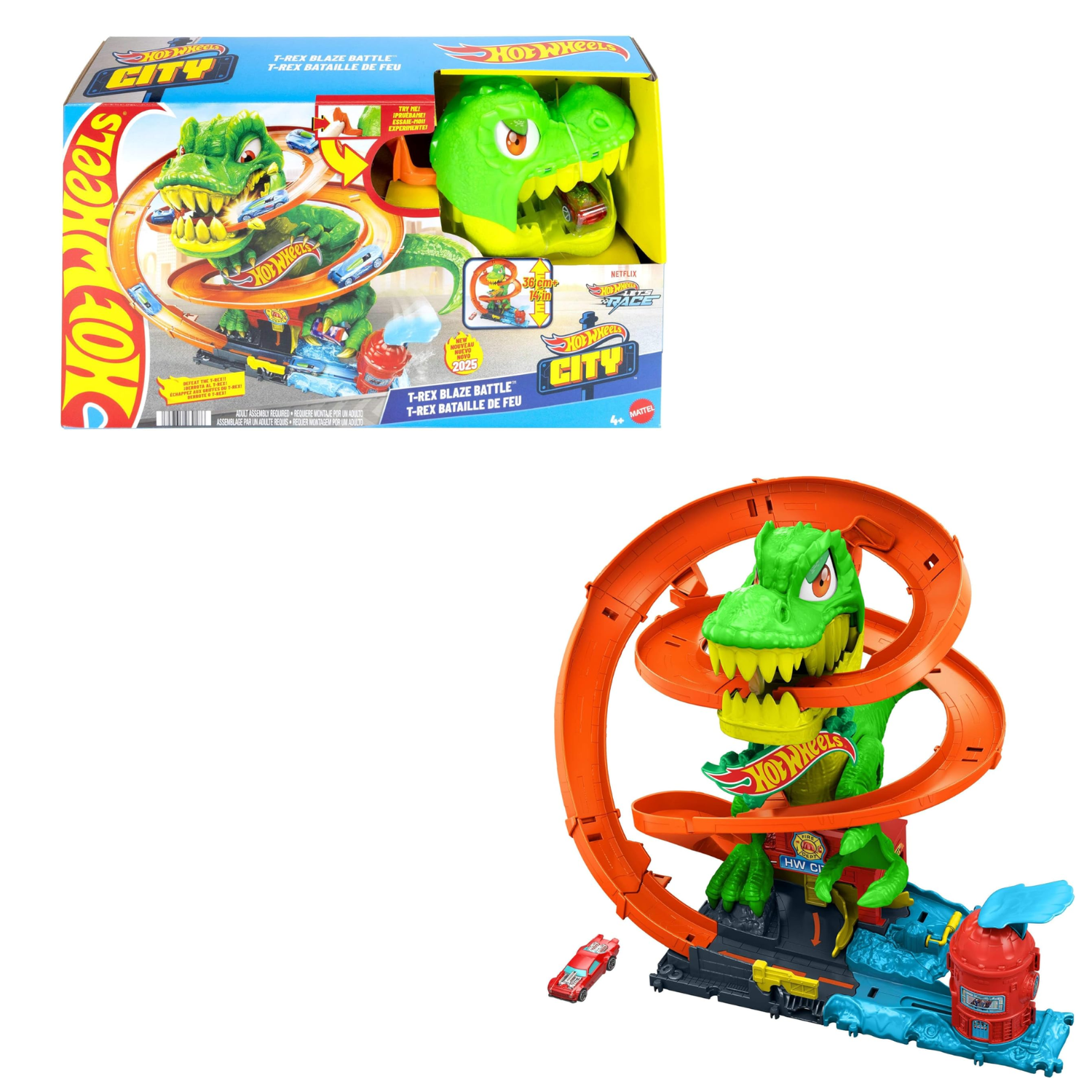Hot Wheels City T-Rex Blaze Battle Car Track Set Dinosaur Spin Eyes 4 Plus