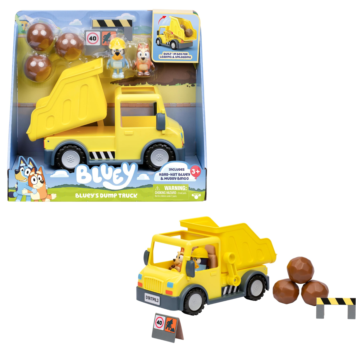 Bluey Dump Truck Toy Vehicle with Tilting Bed, Rocks, Hard-Hat Bluey Muddy 3+