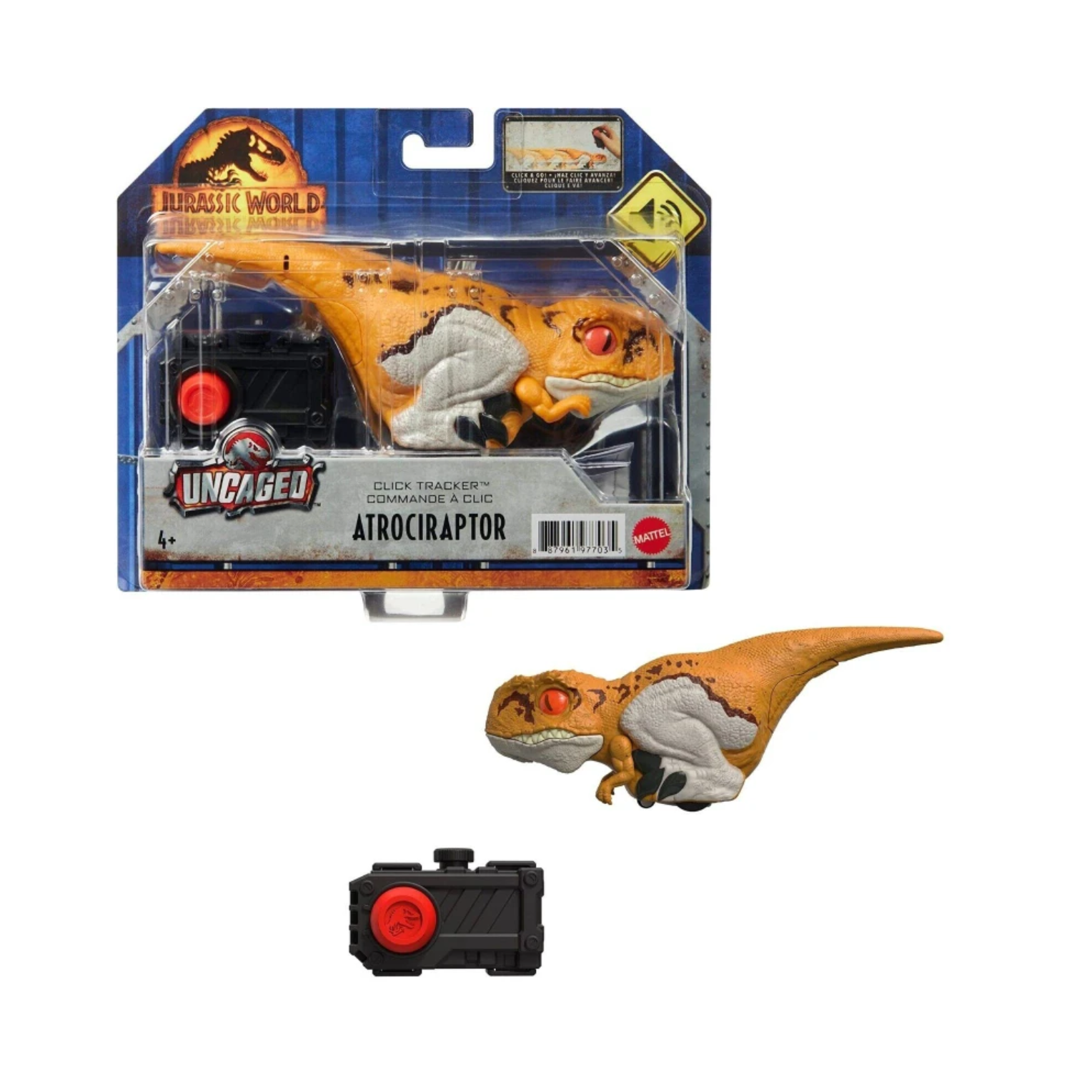 Jurassic World Dominion Uncaged Stripe Atrociraptor Click Tracker Dino Toy 4+