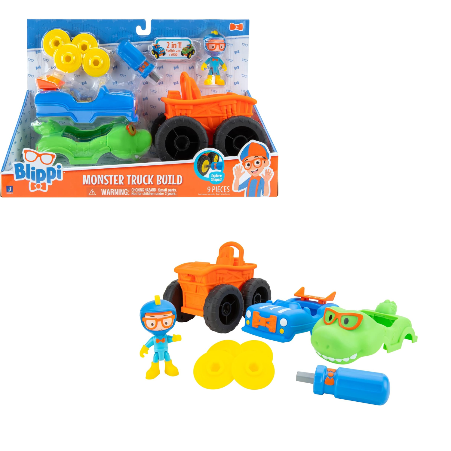 Blippi Racer Figure Buildable Monster Truck 9-Piece Playset Toy Ages 5+