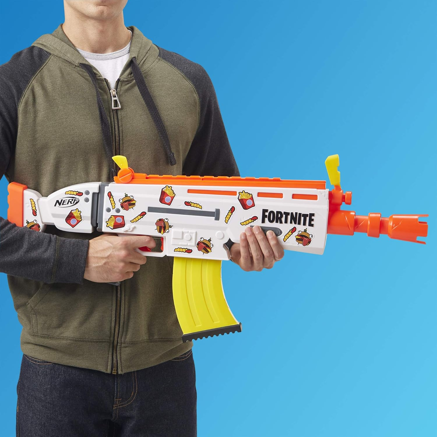 Nerf Fortnite AR DURRR Burger Motorized Dart Blaster 20 Dart Flip Up Sights Play