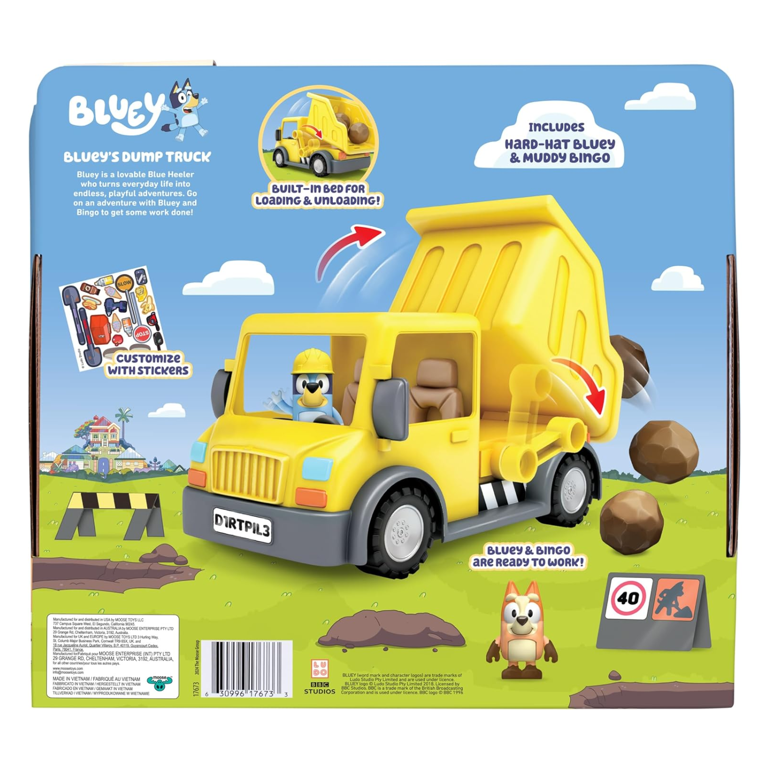Bluey Dump Truck Toy Vehicle with Tilting Bed, Rocks, Hard-Hat Bluey Muddy 3+