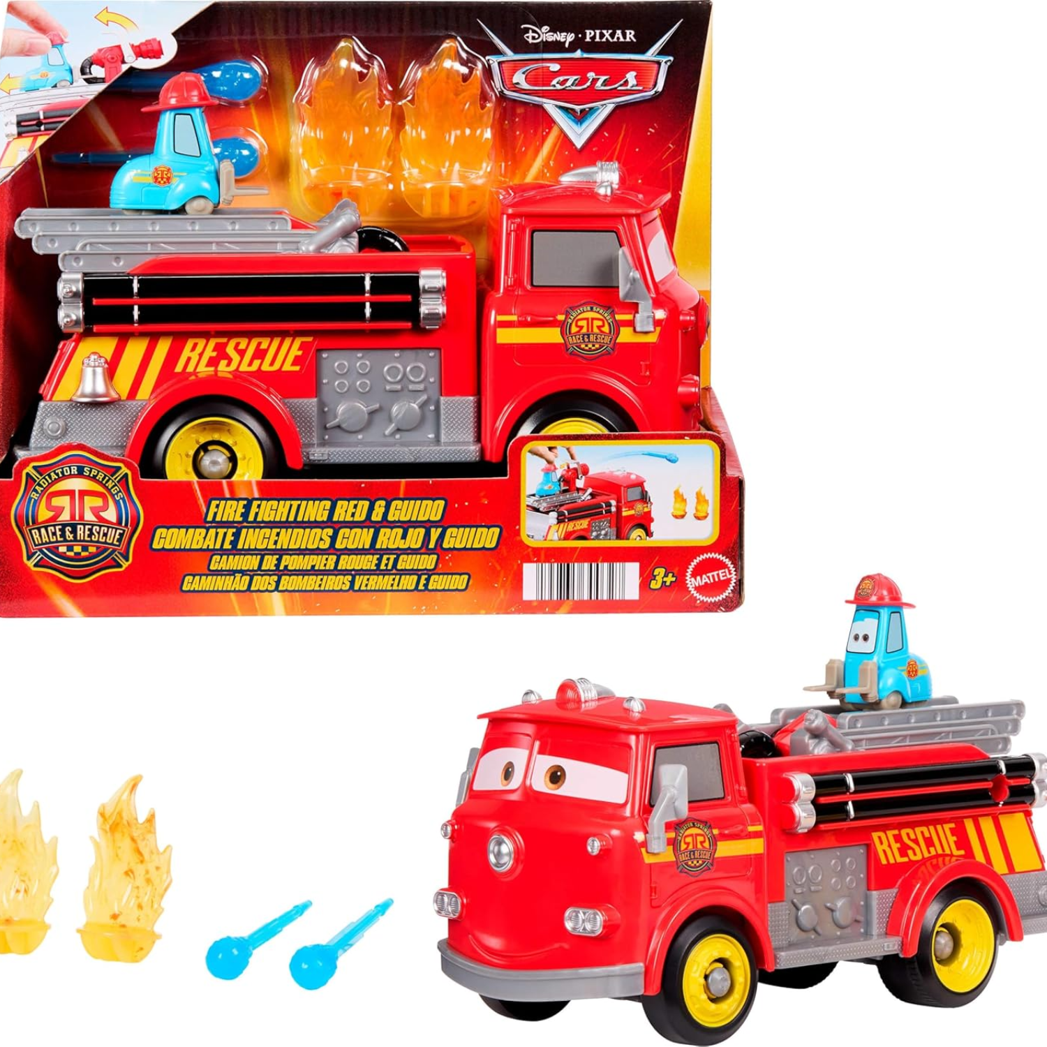 Pixar Cars Firetruck Red & Guido Playset with Flame Targets Water Projectiles 3+
