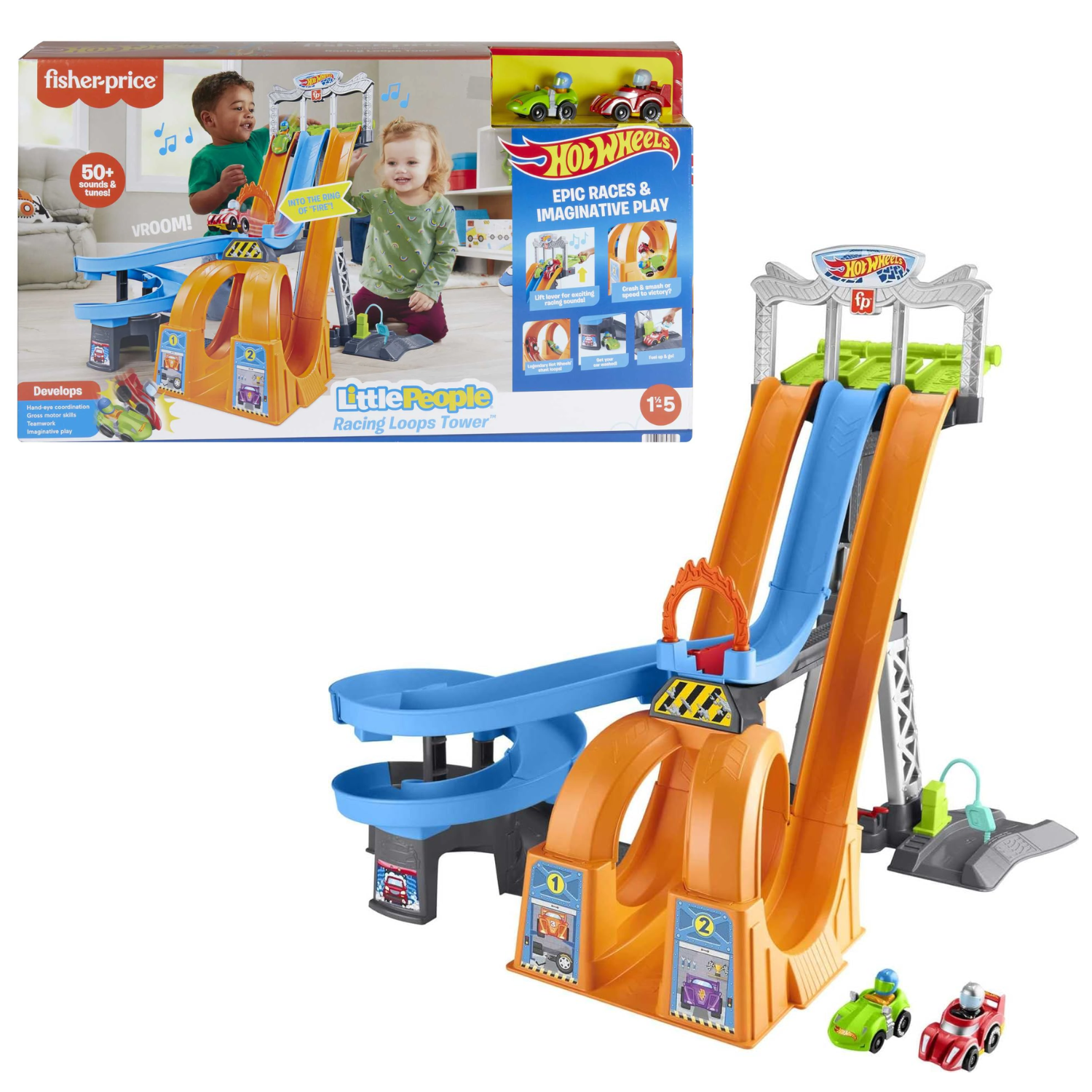Fisher-Price Little People Hot Wheels Racing Loops Tower Playset Cars