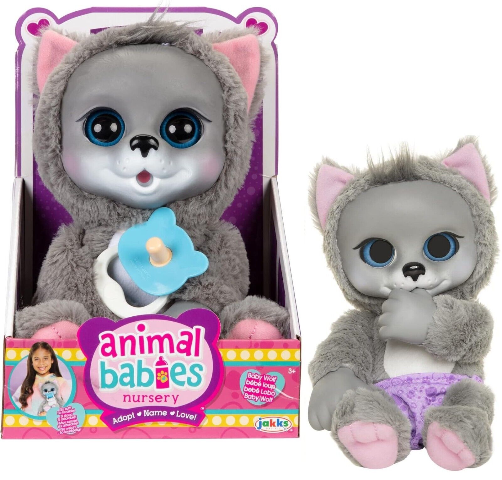 Animal Babies Baby Plush Wolf  Yours to Name Removable Diaper & Pacifier Doll