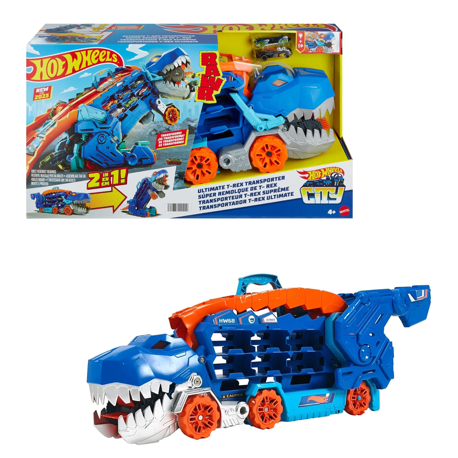 Hot Wheels City Ultimate T-Rex Transporter Car Track Set Hauler Stomping Dino 4+
