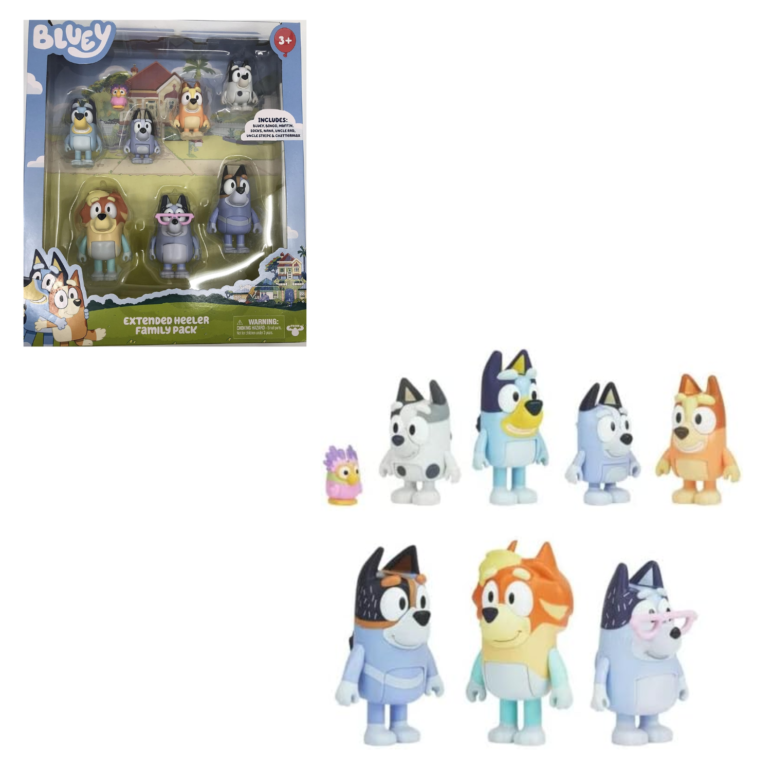 Bluey Extended Heeler Family 8 Pack Figures Bluey Bingo Muffin Socks Kids Toy 3+