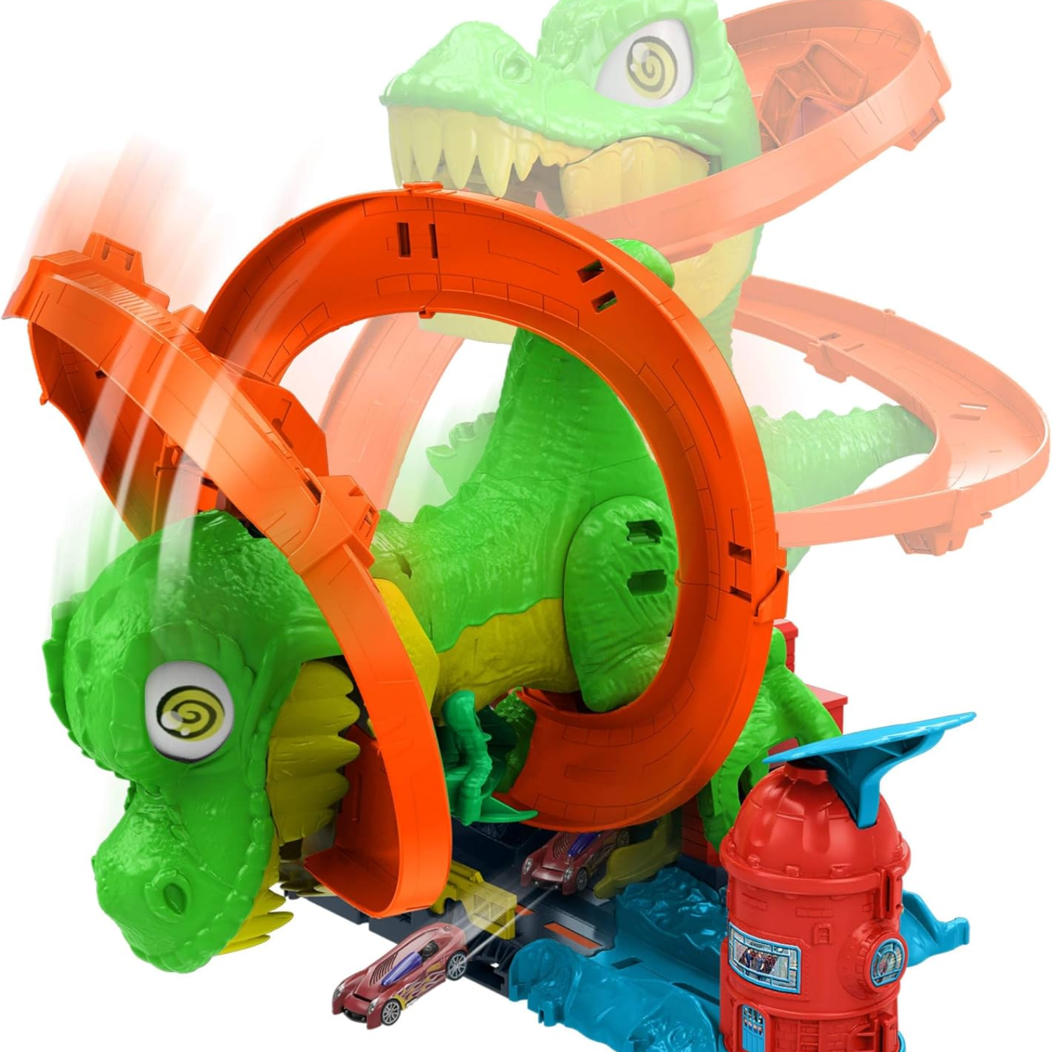 Hot Wheels City T-Rex Blaze Battle Car Track Set Dinosaur Spin Eyes 4 Plus