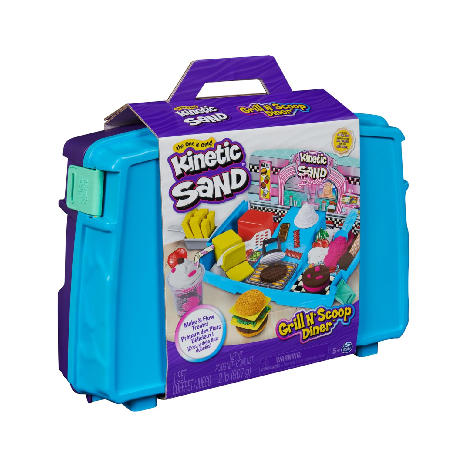 Kinetic Sand Grill N’ Scoop Diner Playset 2lbs Color Sand 27 Tool Folding