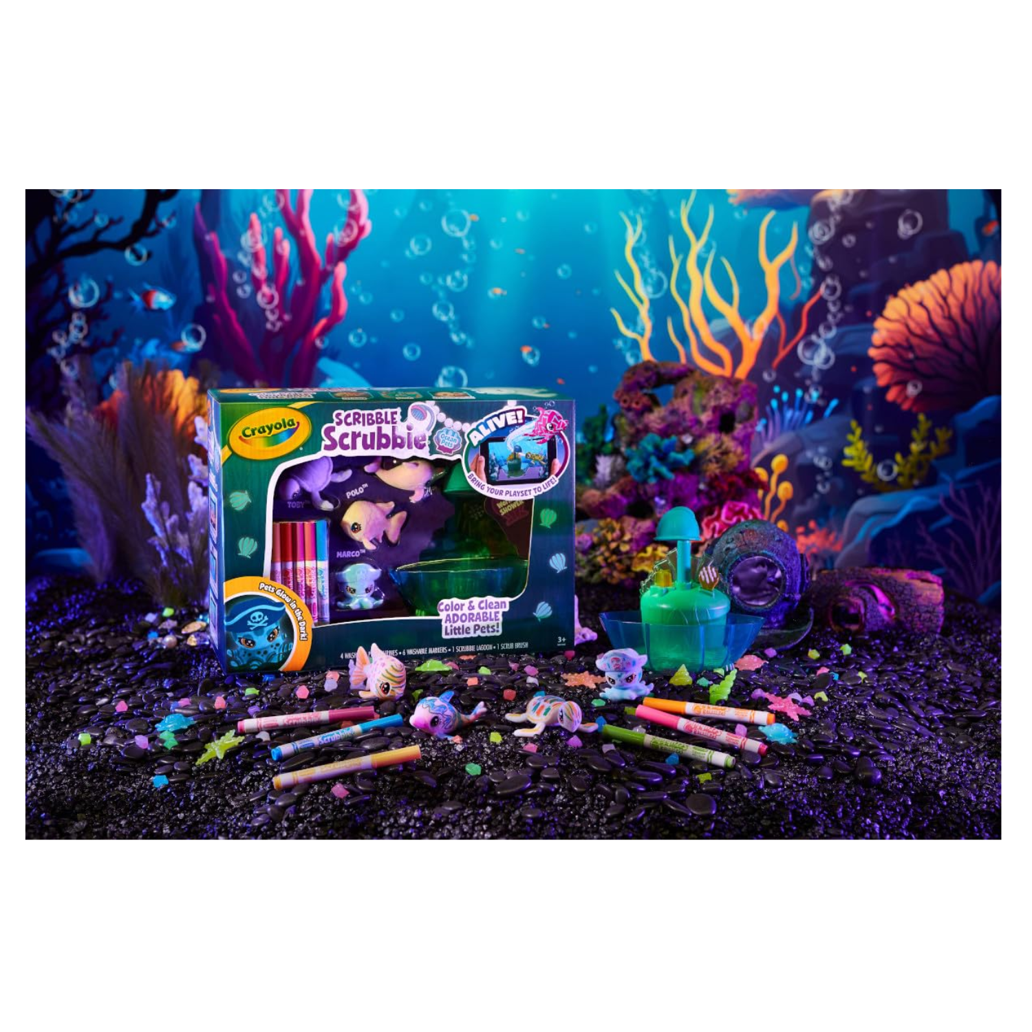 Crayola Scrubbie Glow Lagoon Ocean Pets Playset Washable Markers Ages 3+