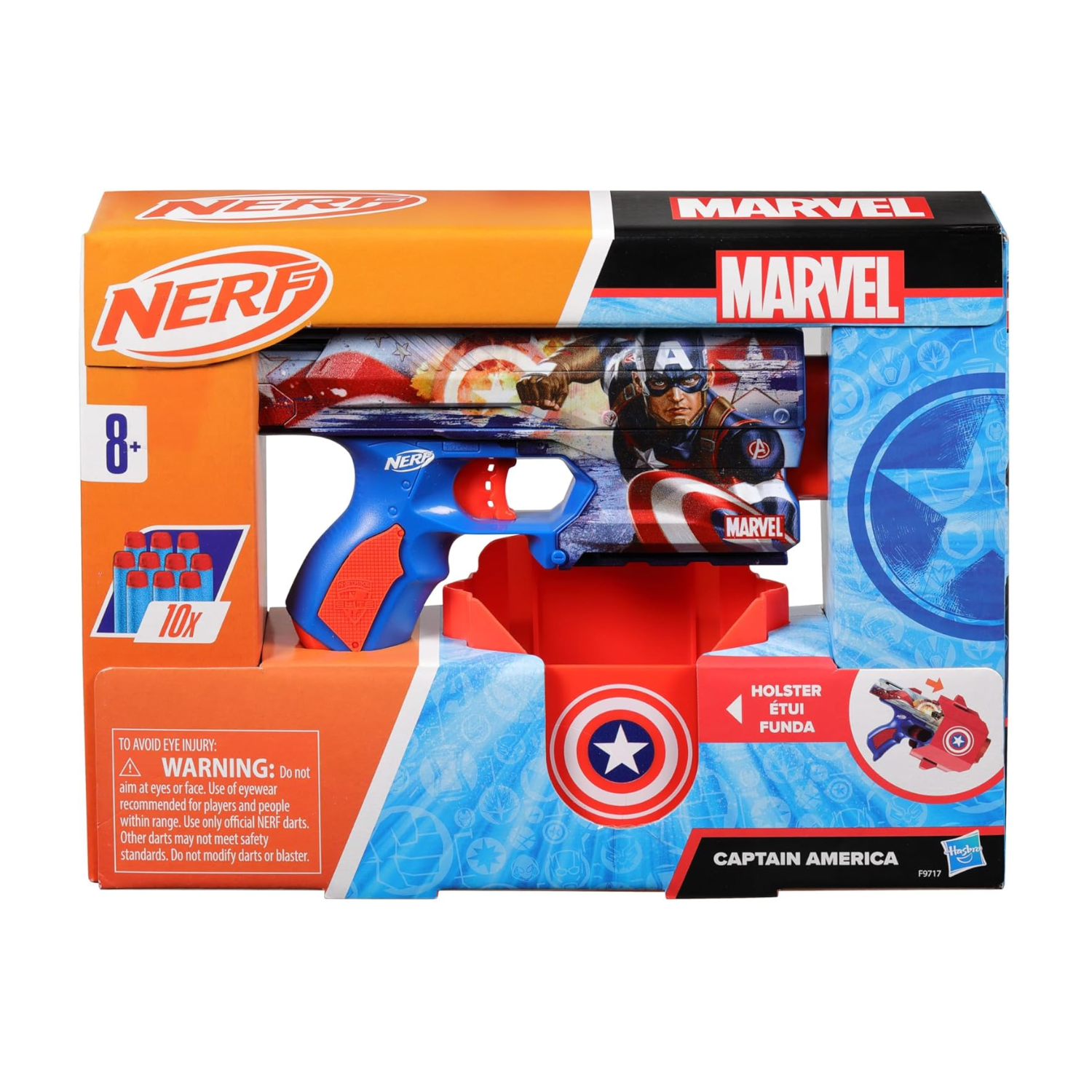 Nerf Marvel Captain America Dart Blaster 10 Elite Darts Holster Foam Toy Ages 8+