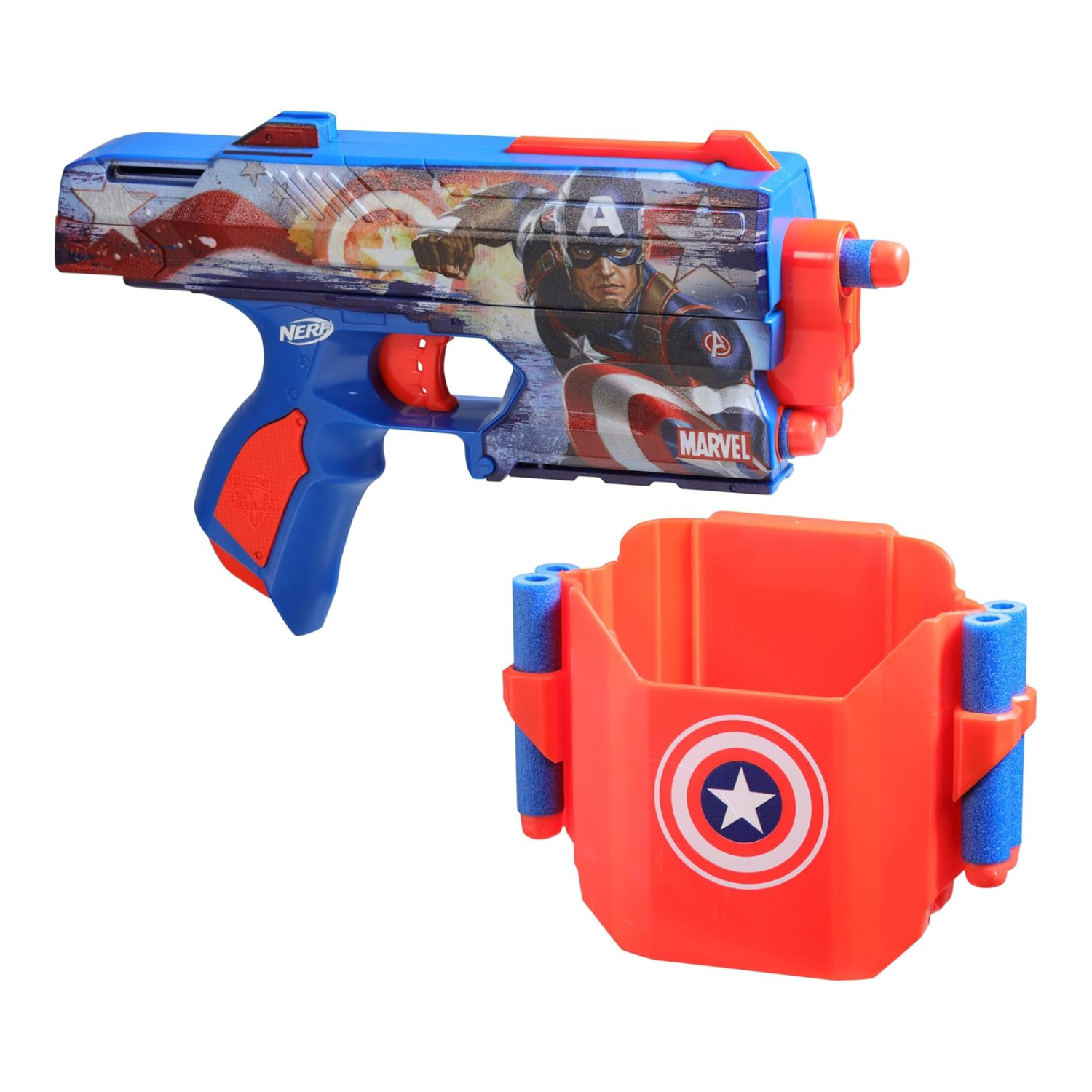 Nerf Marvel Captain America Dart Blaster 10 Elite Darts Holster Foam Toy Ages 8+