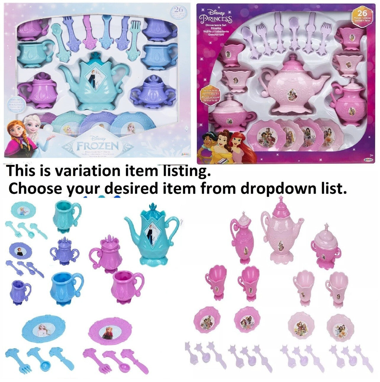 Disney Princess Frozen 26 Pieces Hot Cocoa Dinnerware Set Tea Cups Spoon Fork