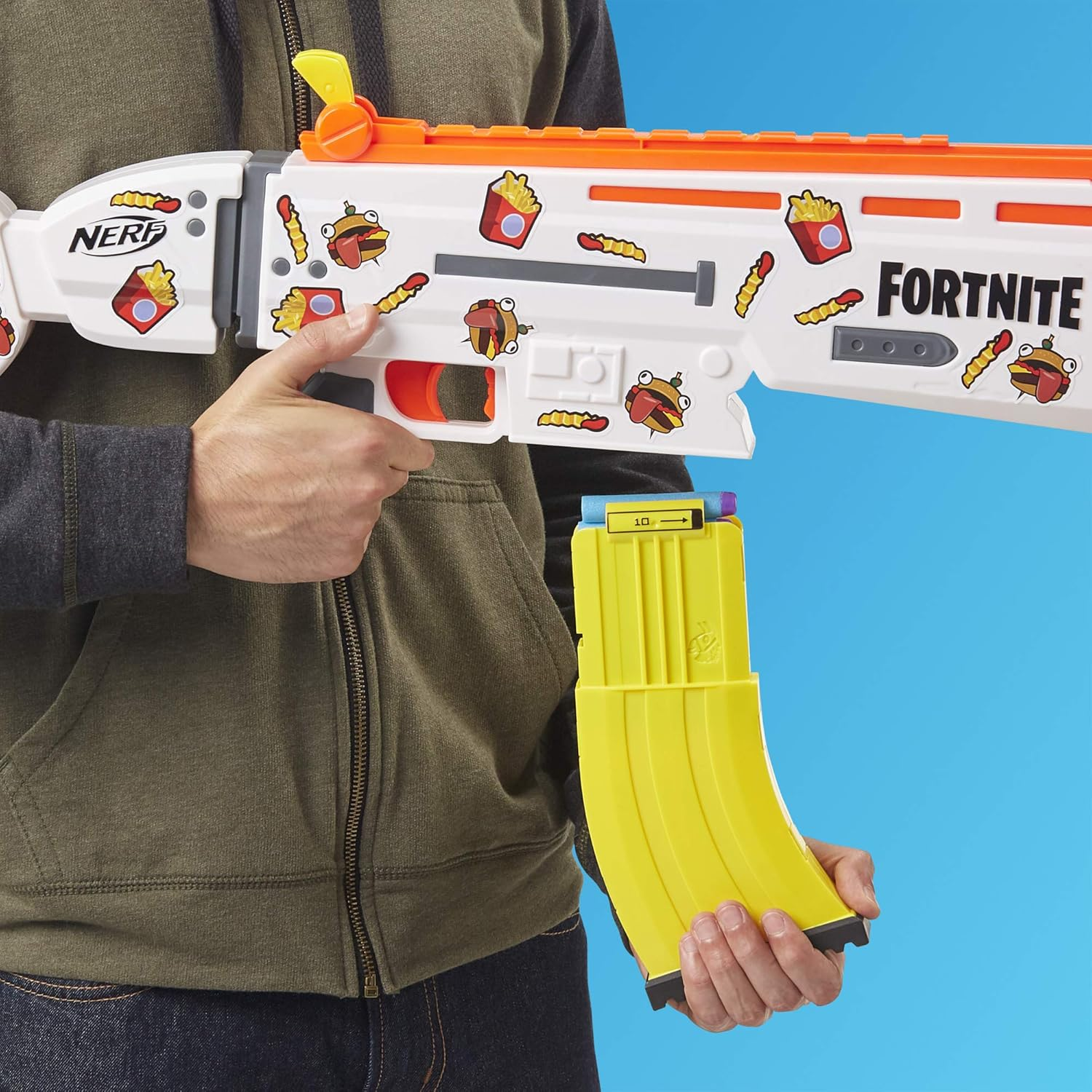 Nerf Fortnite AR DURRR Burger Motorized Dart Blaster 20 Dart Flip Up Sights Play