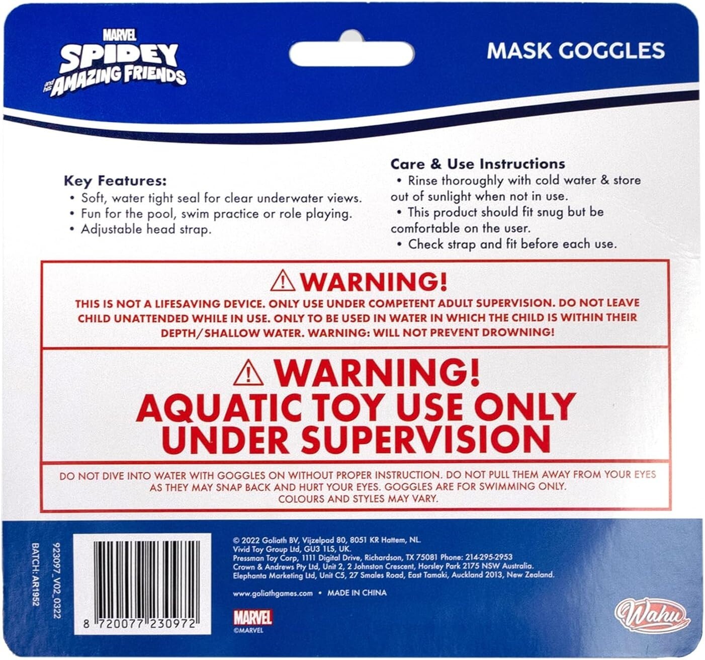 Wahu Spidey & Friends Mask Goggles Easy-Adjust Fit for Confident Swimming