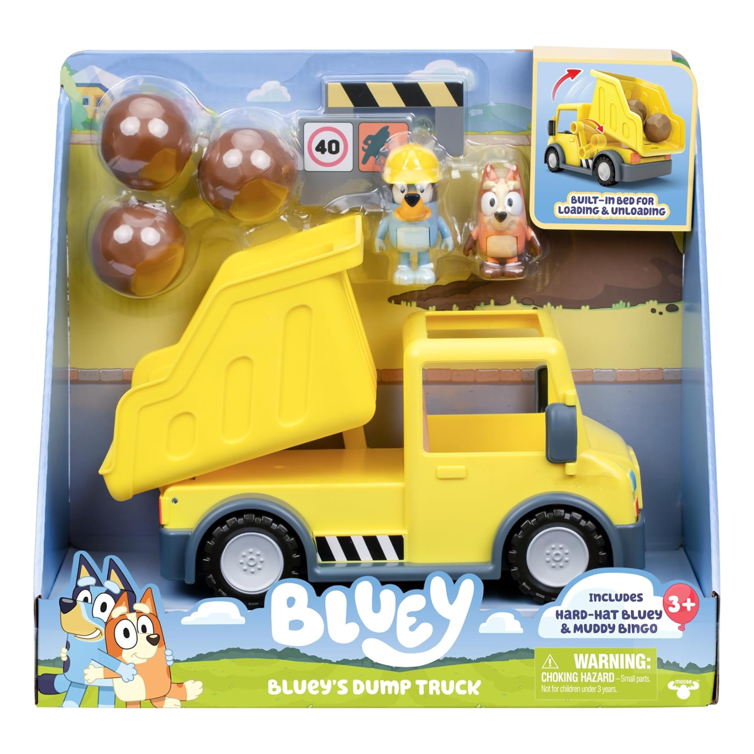 Bluey Dump Truck Toy Vehicle with Tilting Bed, Rocks, Hard-Hat Bluey Muddy 3+