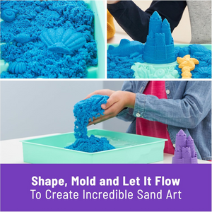 Kinetic Sand Blue Sandbox Set with 1lb Play Sand, 4 Molds Storage Tray for Kids