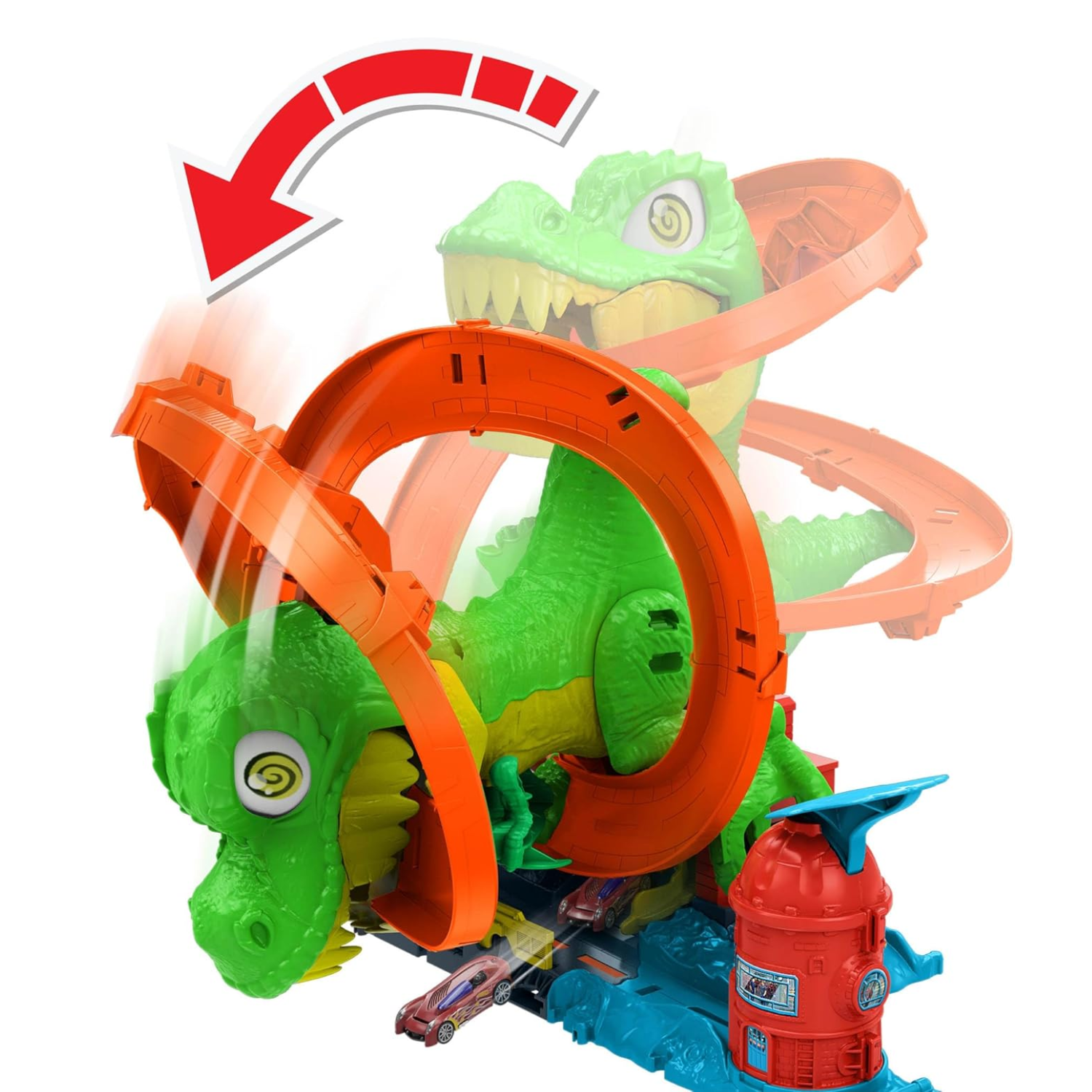 Hot Wheels City T-Rex Blaze Battle Car Track Set Dinosaur Spin Eyes 4 Plus