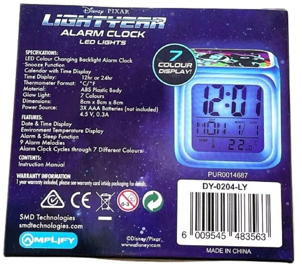 Disney Pixar Glo Alarm Clock Lightyear in 7 Multi Colors Buzz Toy Story Gift